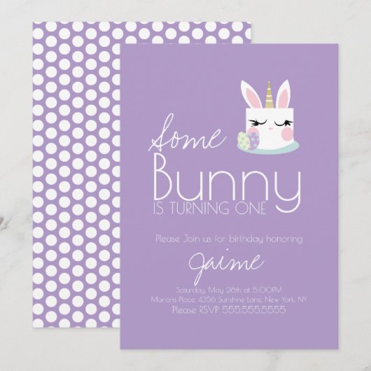 Invitation Cute Easter Bunny Cake Turning One Birthday (Devant / Derrière)