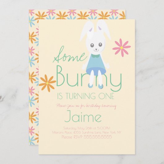 Invitation Cute Easter Bunny Turning One Birthday (Devant / Derrière)