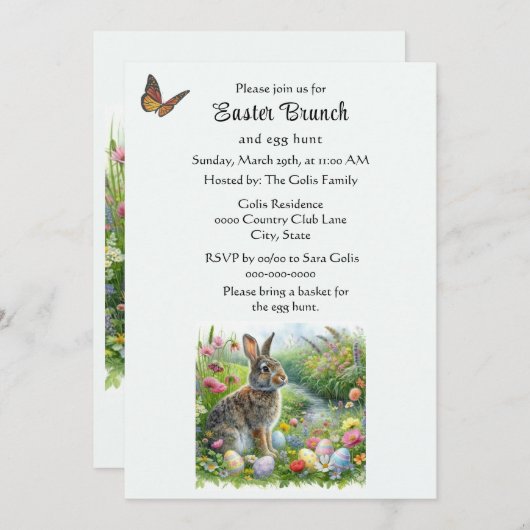 Invitation Cute Easter Rabbit and Egg Hunt Holiday  (Devant / Derrière)