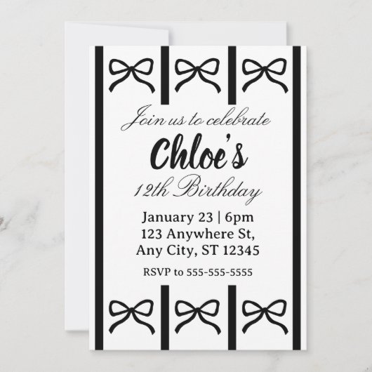 Invitation Cute editable bow birthday invite (Devant)