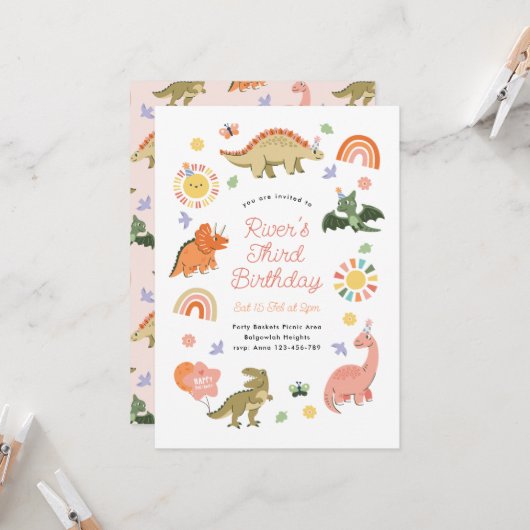 Invitation Cute Editable Dinosaur Birthday Party, Dino Party (Devant/Arrière en situation)