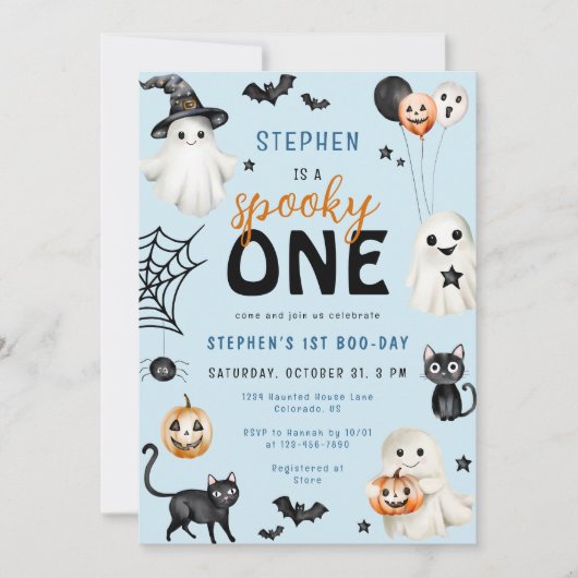 Invitation Cute Éffrayant One Blue Halloween garçon 1er anniv (Devant)