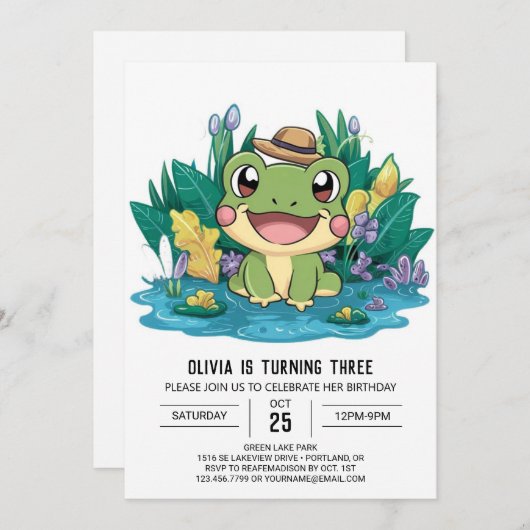 Invitation Cute Elegant Frog Digital Anniversaire (Devant / Derrière)
