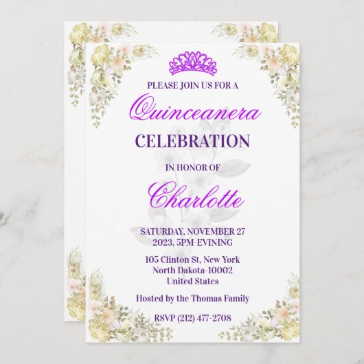 Invitation Cute Elégante Quinceanera Florale Pour Fille Anniv (Devant / Derrière)