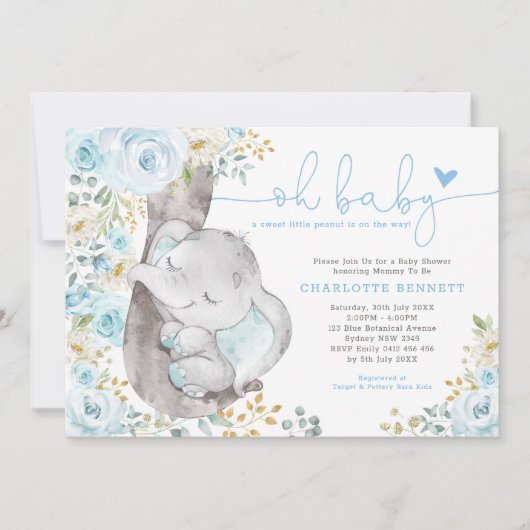 Invitation Cute Elephant bleu doux Baby shower de garçon Flor (Devant)