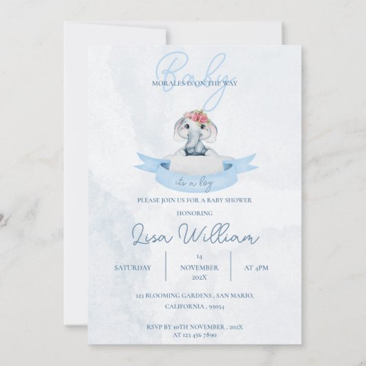 Invitation Cute Elephant Blue c'est un Baby shower garçon (Devant)