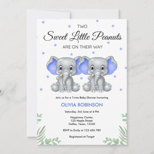 Invitation Cute Elephant Blue Twin Boys Baby shower (Devant)