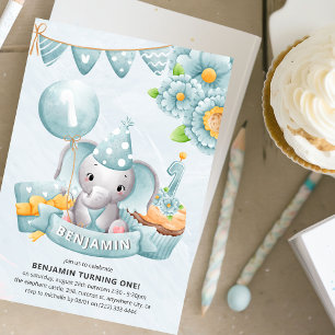 Invitation Cute Elephant Boy 1er anniversaire