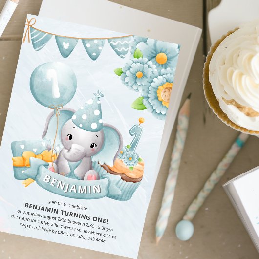 Invitation Cute Elephant Boy 1er anniversaire