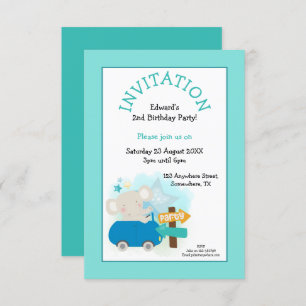 Invitation Cute Elephant Car Boy Fête d'anniversaire Turquois
