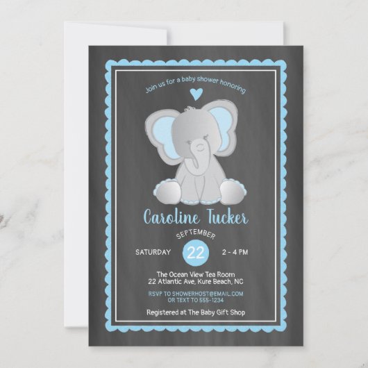 Invitation Cute Elephant Chalkboard Baby Boy Douche (Devant)