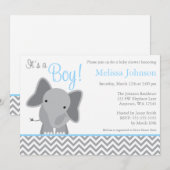 Invitation Cute Elephant Chevron Baby shower bleu clair (Devant / Derrière)