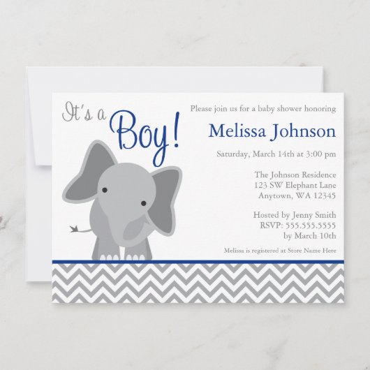 Invitation Cute Elephant Chevron Baby shower bleu marine (Devant)
