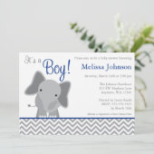 Invitation Cute Elephant Chevron Baby shower bleu marine (Debout devant)