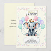 Invitation "Cute Elephant First Birthday pastel designs" (Devant / Derrière)