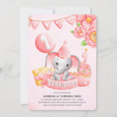 Invitation Cute Elephant Girl 1er Anniversaire Fête Invitatio (Devant)