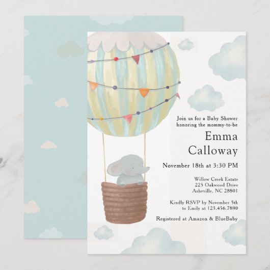 Invitation Cute Elephant Hot Air Balloon Baby Shower (Devant / Derrière)