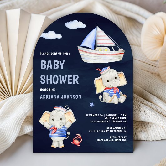 Invitation Cute Elephant Nautical Boat Navy Blue Baby Shower