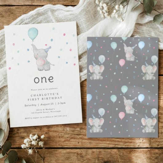 Invitation Cute Elephant One 1st Birthday Party