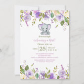 Invitation Cute Elephant Purple Ressort Baby shower Floral (Devant)