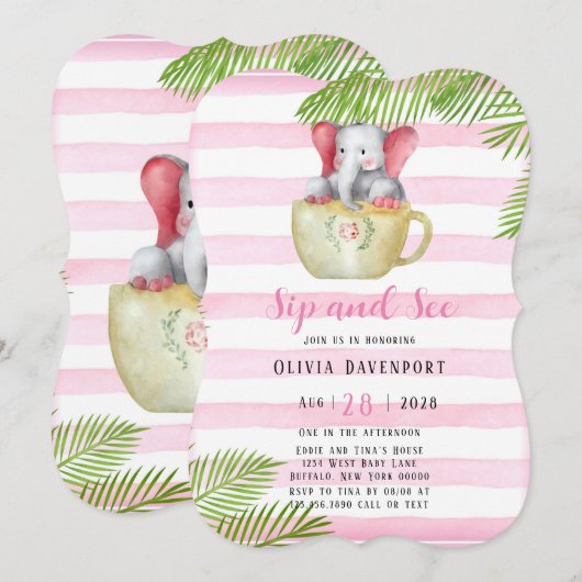 Invitation Cute éléphant Sip et voir Baby shower fille (Devant / Derrière)