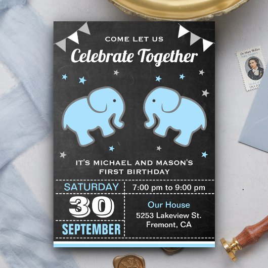 Invitation Cute Elephant Twin Boys Anniversaire Fête Invitati