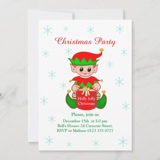 Invitation Cute Elf sur l'invitation de Noël blanc (Devant)