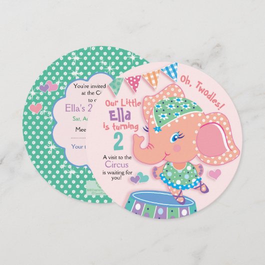 Invitation Cute Elle Elephant, 2e anniversaire, Circus Party (Devant / Derrière)