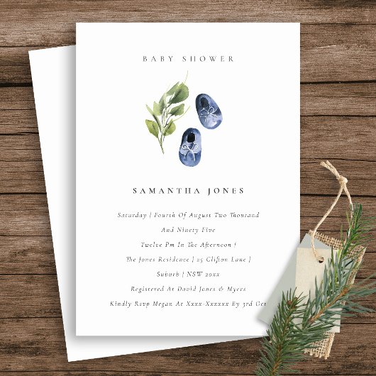 Invitation Cute Enk Blue Chaussures Foliage Boy Baby shower