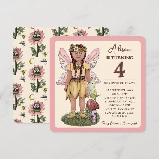 Invitation Cute Fairy Vintage Quatrième fête d'anniversaire (Devant / Derrière)