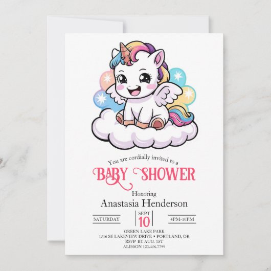 Invitation Cute Fairytale Unicorn Baby shower (Devant)