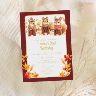 Invitation Cute Fall Écureuil des bois Deuxième anniversaire