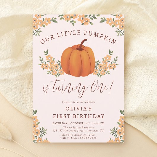 Invitation Cute Fall Floral Petite fille Citrouille 1er anniv