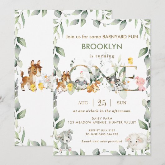 Invitation Cute Farm Animals Barnyard Green 1er anniversaire (Devant / Derrière)