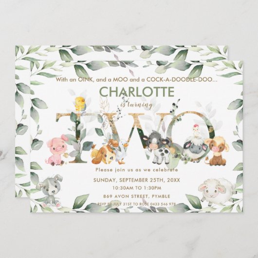 Invitation Cute Farm Animals Barnyard Green 2e anniversaire (Devant / Derrière)