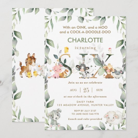 Invitation Cute Farm Animals Barnyard Green 6e anniversaire (Devant / Derrière)
