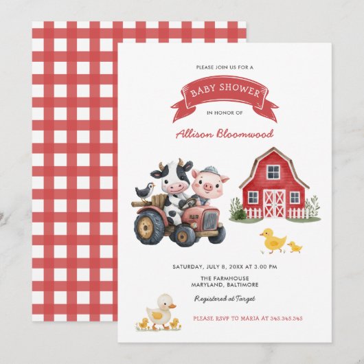 Invitation Cute Farm Animaux Baby shower agricole (Devant / Derrière)