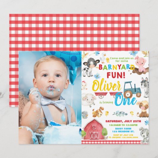 Invitation Cute Farm Animaux Barnyard 1er Anniversaire Une ph (Devant / Derrière)