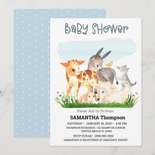 Invitation Cute Farm Animaux Blue Boys Baby shower (Devant / Derrière)