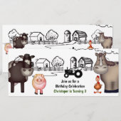 Invitation Cute Farm, Animaux et Tracteur Anniversaire (Devant / Derrière)