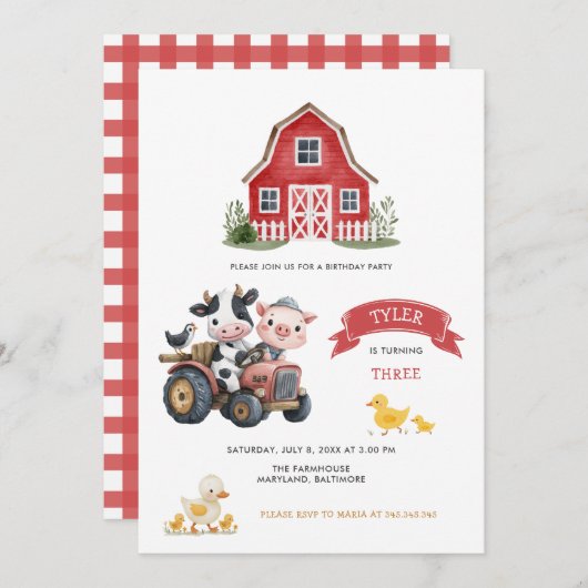 Invitation Cute Farm Animaux Farmhouse Fête d'anniversaire (Devant / Derrière)