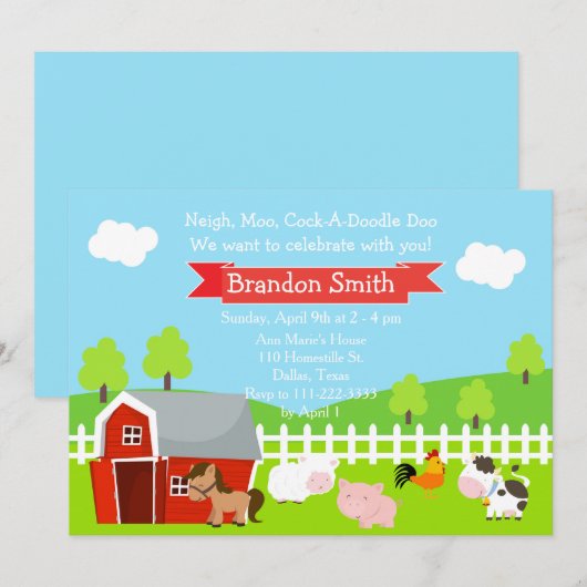 Invitation Cute Farm Animaux Unisex fête d'anniversaire (Devant / Derrière)