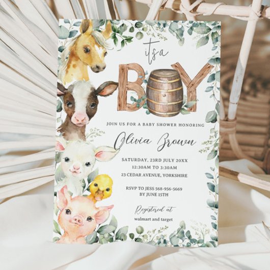 Invitation Cute Farm Animaux Verdure Garçon Grange Baby showe