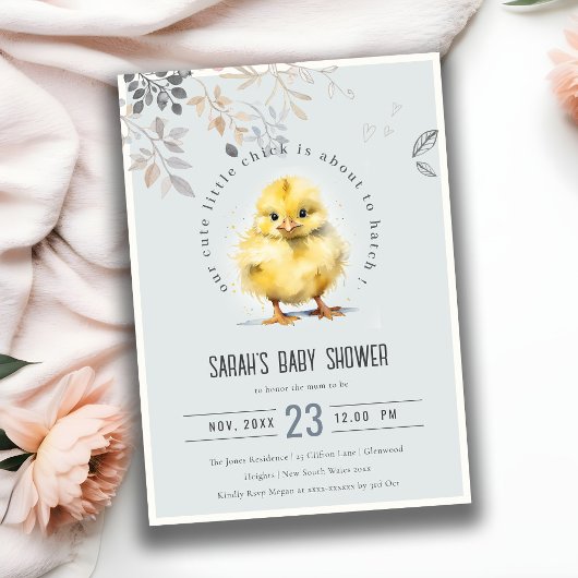 Invitation Cute Farm Chick Blue Boy Baby shower Floral