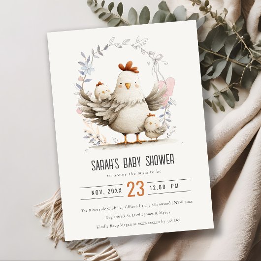 Invitation Cute Farm Mum and Baby Chick Floral Baby Shower