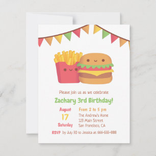 Invitation Cute Fast Food Fries et Burger Birthday Party