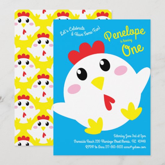 Invitation Cute ferme de poulet Enfants 1er fête d'anniversai (Devant / Derrière)