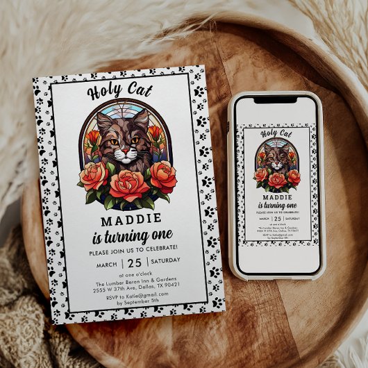 Invitation Cute Fille Chat Premier Anniversaire