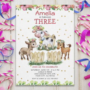 Invitation Cute Floral Animaux de ferme Troisième anniversair