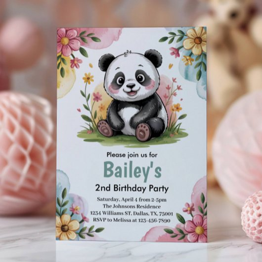 Invitation Cute Floral Enfants Panda 2e fête d'anniversaire
